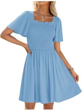 Smocked Square-Neck Midi Dress in Light Blue Wedding Guest Flowy